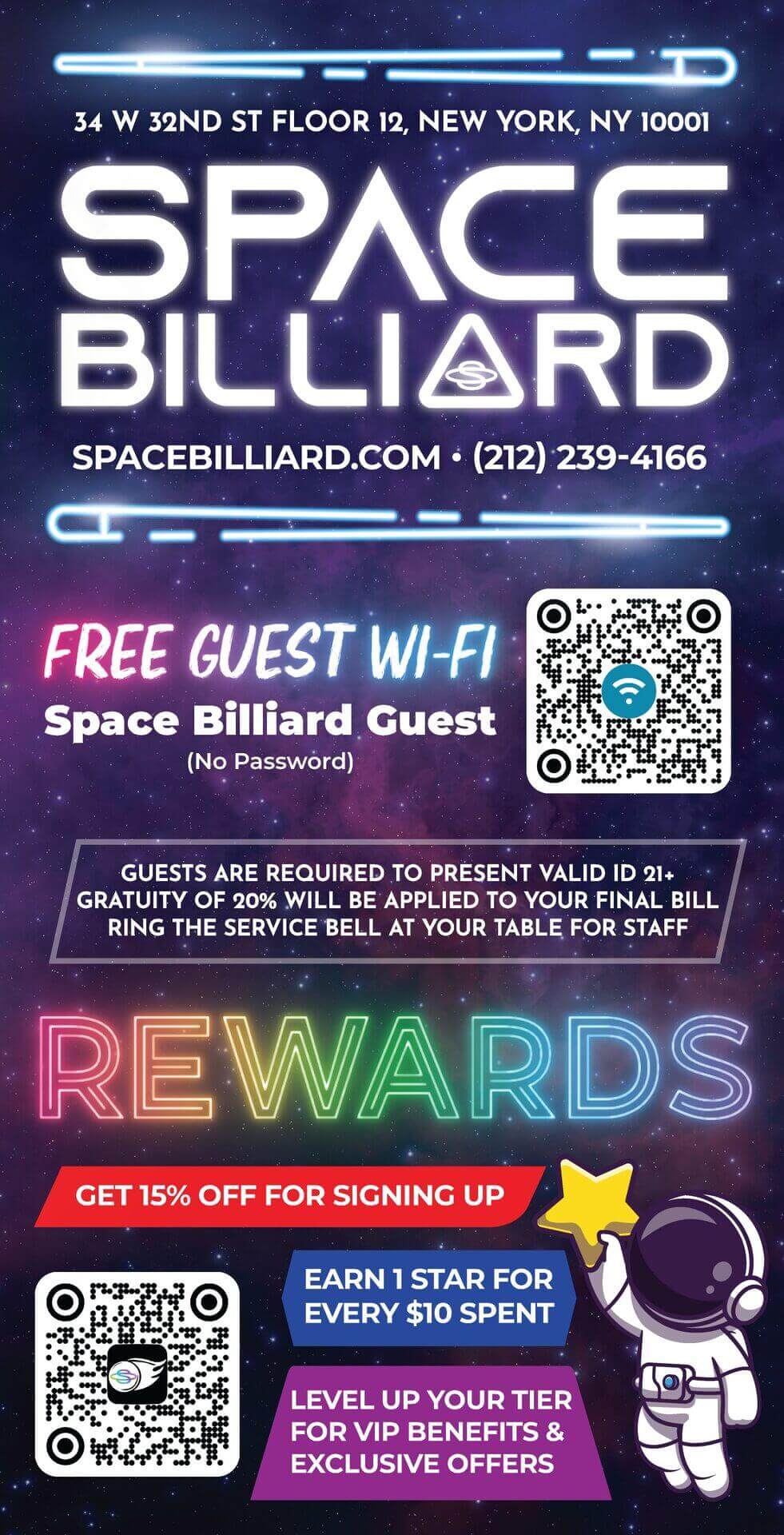 Space Billiard venue info and rewards poster