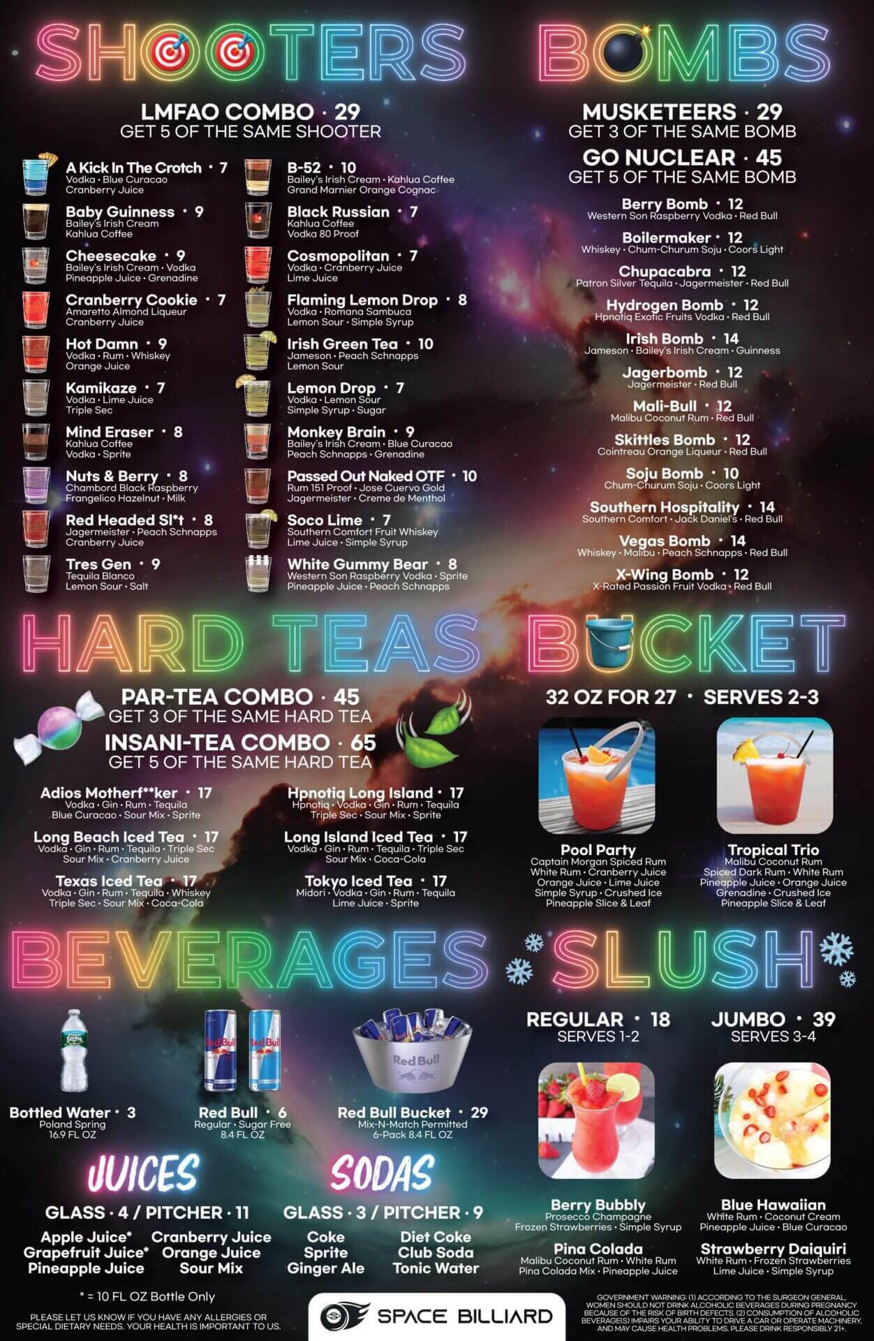 Space Billiard drinks menu: shooters, bombs, hard teas, beverages, and slush