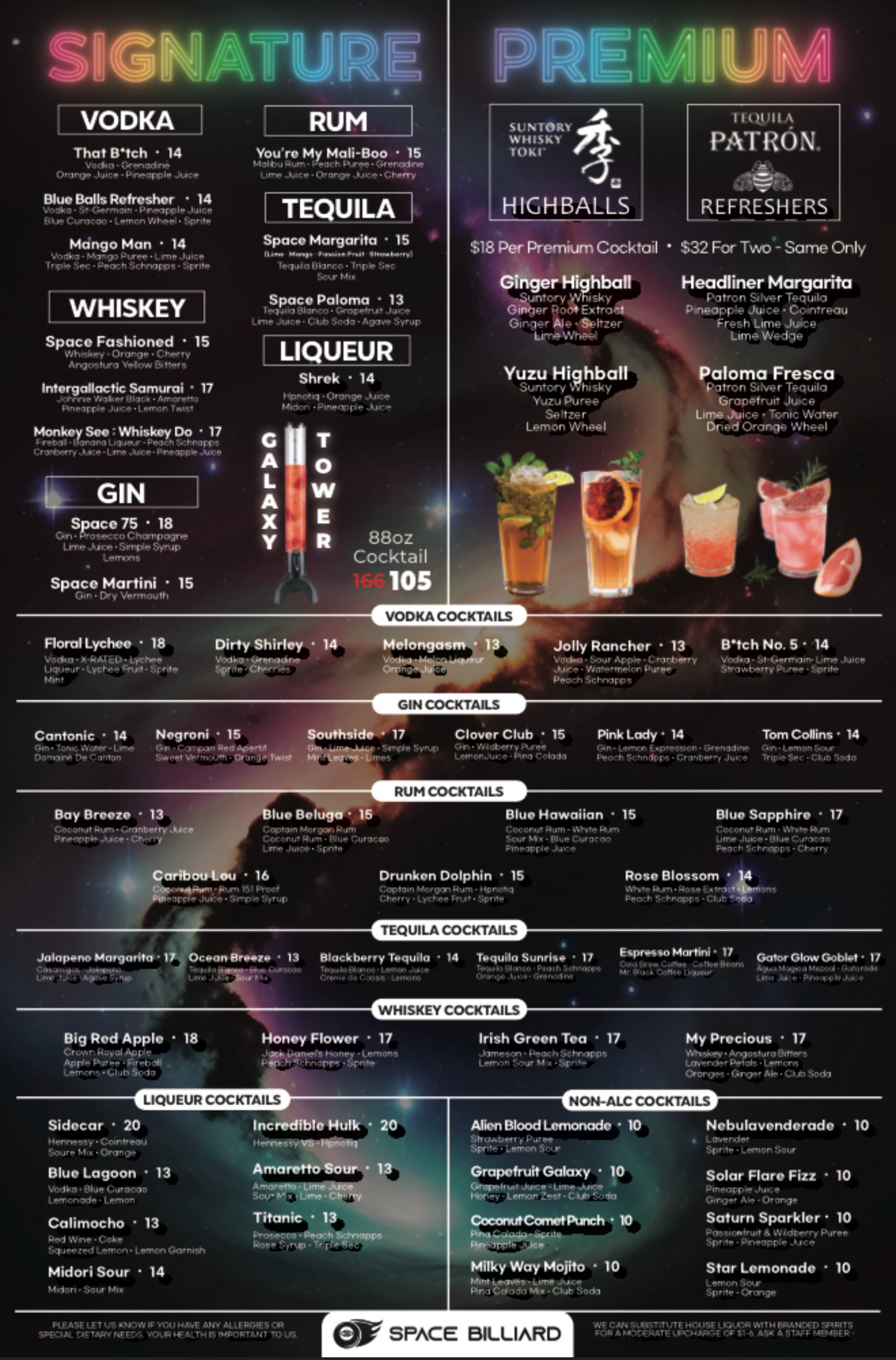 Signature, premium, classic and non-alcoholic cocktails