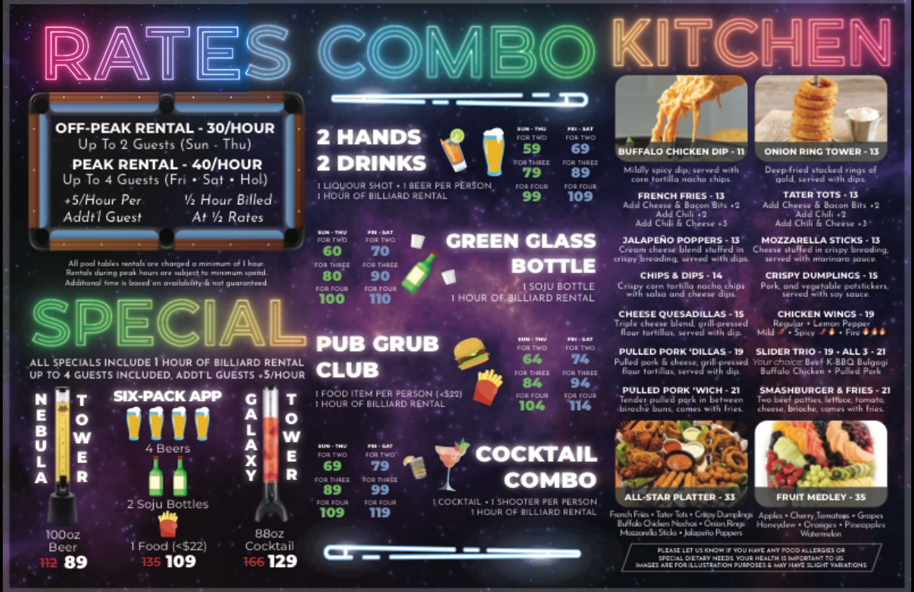 Table rental rates, combos, specials and kitchen menu